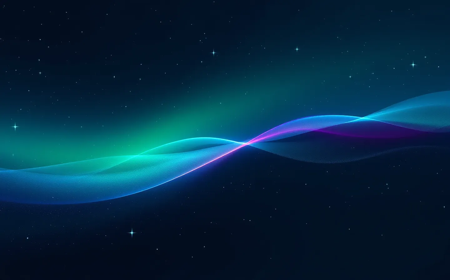 A cold aurora schematic of a green BPC-157 light band and a violet TB-500 light band drifting across a deep navy sky and meeting at a single cyan convergence node
